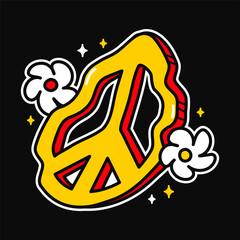 Melting deformed hippie symbol and flowers for tee,t-shirt print. Vector hand drawn line 70s style cartoon illustration. 60s,70s hippie peace sign,flowers,stars print for t-shirt,poster,card concept