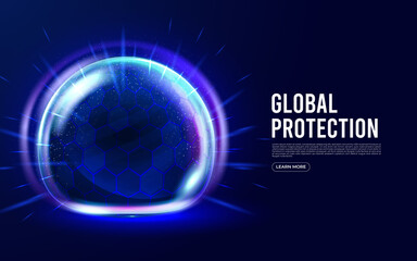 Power protective energy dome, shield on blue background. Inviolable field, protection and safety concept.