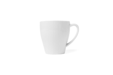 Obraz premium White cup isolated on white background. Ceramic coffee cup or tea mug for drink close up. Mock up classic porcelain utensils.