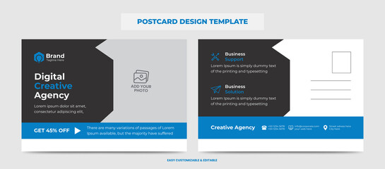 Corporate Modern Business Postcard Design Template. Blue Color Double Sided Postcard Design