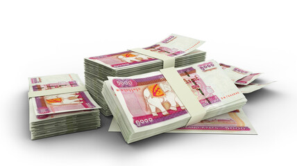 3D stack of 5000 Myanmar kyat notes isolated on white background.
