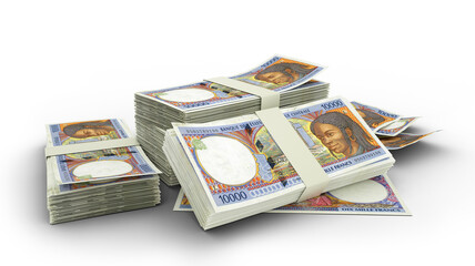 Obraz na płótnie Canvas 3d stack of West African CFA franc notes isolated on white background.