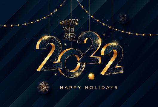 Happy New Year 2022 gold numbers typography greeting card design on dark background. Merry Christmas invitation poster with golden decoration elements.