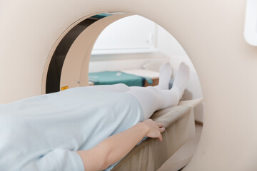 Medical CT or MRI Scan with a patient in the modern hospital laboratory. Interior of radiography...