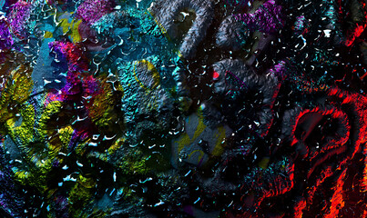 3d render of abstract art 3d background texture with part of rough grunge planet asteroid surface with damages scratches cranks and crater holes in metal iron material in blue red yellow color