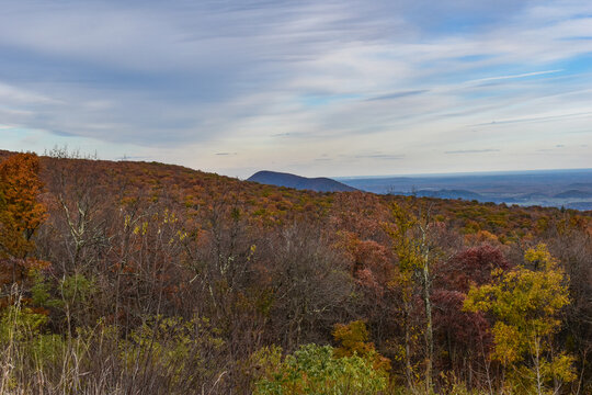 Shenandoah National Park, Virginia, USA - November 3, 2021: Mountain Scenery With Beautiful Fall Trees in the Foreground and a Bright Blue Sky in the Background