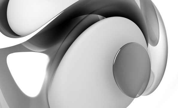 3d render abstract black and white art with part of surreal 3d organic ball in curve wavy smooth and soft bio forms in glossy silver glass material with white matte plastic parts on white background