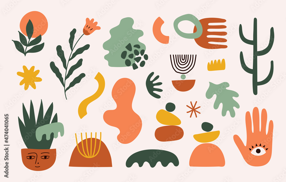Poster Vector set of abstract geometric shapes and objects . Trendy organic and minimalistic design for banner, cover, wallpaper, stories background. Horizontal background