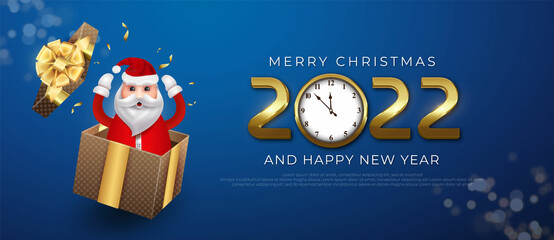 Merry christmas and happy New Year banner with illustration of santa claus cheering happily out of the gift box