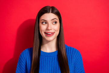 Photo portrait brunette licking lips hungry looking empty space isolated on vibrant red color background