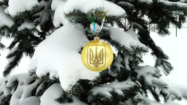 The breeze sways a yellow glass ball with the image of a coat of arms of Ukraine, gold trident, on a snow-covered Christmas tree in the courtyard of the house.