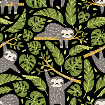 Hand drawn seamless vector pattern with cute sloths and tropical palm leaves. Perfect for textile, wallpaper or print design.