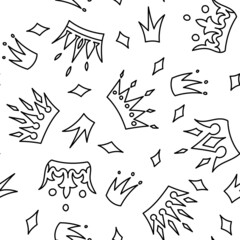 Hand-drawn vector doodle style pattern with crowns.