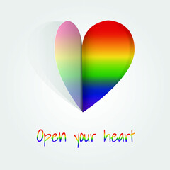 Paper heart cut out in the colors of the LGTBI rainbow flag. Card with an open heart of respect