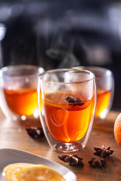 Winter Drinks Hot Aperol Spritz Three Glass Cups On A Bar Counter