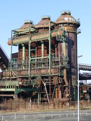 The industrial ruins of the blast furnaces at the Phoenix plant are part of the Industrial Culture Route in Dortmund, North Rhine-Westphalia, Germany Industrieruinen der Hochöfen des Werkes Phönix