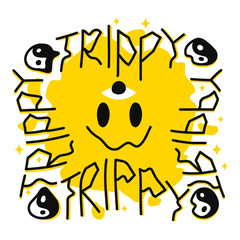 Acid distorted melt smile face. Trippy quote text. Vector trendy illustration. Deform,distortion,techno,trippy smile face trendy print for cover,t-shirt,poster,sticker wallpaper concept