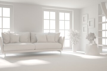 White minimalist living room with sofa. Scandinavian interior design. 3D illustration