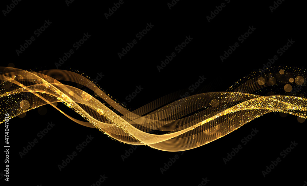 Poster Abstract Gold Waves. Shiny golden moving lines design element with glitter effect on dark background for greeting card and disqount voucher.