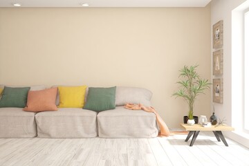 Fototapeta premium White living room with sofa. Scandinavian interior design. 3D illustration