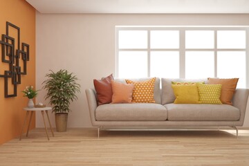 Orange living room with sofa. Scandinavian interior design. 3D illustration