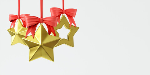 Christmas tree decorations, gold stars and red bows. 3d illustration is in banner format with space for text.