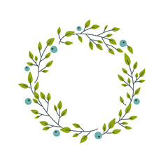 Wreath blueberry branch. Circle bilberry floral design element. Rustic wedding template botanical border.