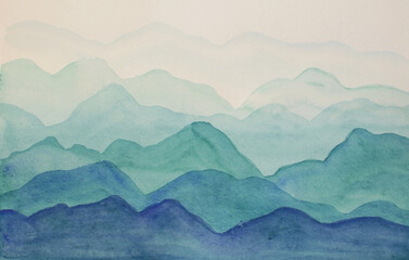 Aquarellzeichnung in Blautönen, die an die Landschaft der Berge erinnern.