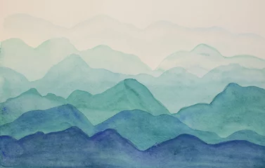 Abwaschbare Fototapete Morgen mit Nebel Aquarellzeichnung in Blautönen, die an die Landschaft der Berge erinnern.