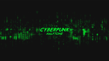 Abstract vector green cyberpunk halftone sound wave. Scrathed dotted texture element.