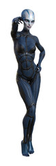 3d illustration of a bald female alien with blue and white skin wearing a tight rubber outfit and hand next to head on a white background.