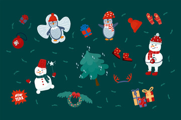 Christmas and New Year set with seasonal elements. Festive winter animals. Cartoon snowman, penguin, Christmas tree in the New Year collection. Vector illustration