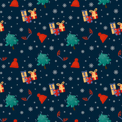 Christmas and New Year background with seasonal elements. Doodle Pattern with Christmas tree, hat, deer horns, snowflakes. Festive seasonal background for textiles. Vector illustration