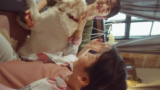 POV vertical shot of two cheerful Asian women sitting on sofa at home, petting golden retriever dog, waving and smiling at camera while chatting on web call