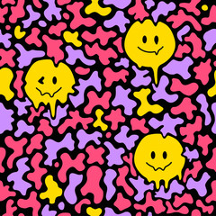 Funny melt smile face seamless pattern wallpaper.Vector cartoon character illustration.Smile faces melt,lsd,surreal,acid,trippy,techno seamless pattern wallpaper print concept