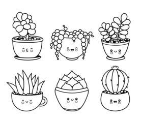 Cute happy funny succulents plants,cacti,flower emoji set collection.Vector coloring cartoon kawaii character illustration.Plants page for coloring book bundle concept.Isolated on white background