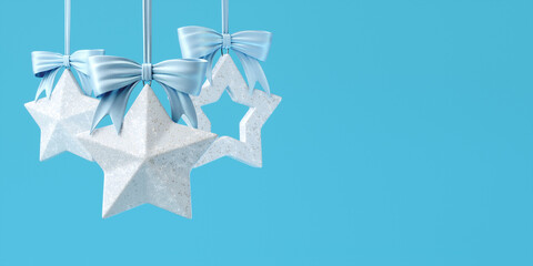 Christmas tree toys in the form of silver stars with light blue bows. 3d illustration is in gentle blue colors, horizontal format with space for text.