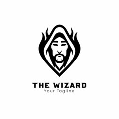 Black and white wizard head face mascot logo design