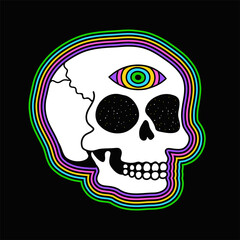 Psychedelic trippy skull with open third eye. Vector hand drawn doodle line cartoon character illustration. Psychedelic,acid,skull,third eye print for t-shirt, poster,sticker,cover,card concept