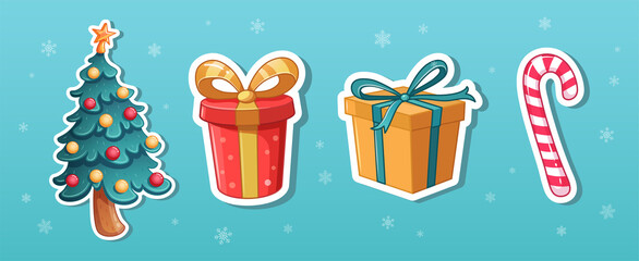 Christmas stickers, christmas tree and gift boxes, cartoon vector iilustrations