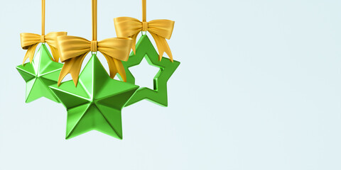 Christmas tree toys in the form of shiny green stars with yellow bows on a light background. 3d illustration is in horizontal format with blank space.