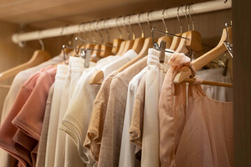 clothes, t-shirts, dresses hang on a hanger in the home closet