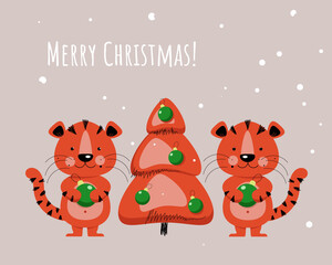 Сartoon merry christmas card with tigers and christmas tree illustration

