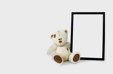 White soft toy bear with vertical frame mockup with copy space. Empty space.