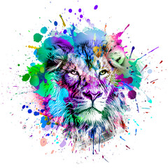 Fototapeta premium Colorful artistic lion muzzle with bright paint splatters 