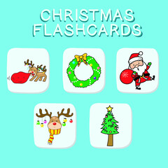 Christmas Flashcards for Children. Cute flashcards for children. Adorable Christmas collection flashcards. Printable colorful collection. Vector illustration. 