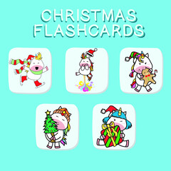 Christmas Flashcards for Children. Cute flashcards for children. Adorable Christmas collection flashcards. Printable colorful collection. Vector illustration. 