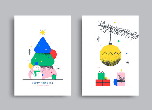New Year and Christmas greeting card design. Vector illustrations for holiday graphic with christmas tree, ball, snowman.