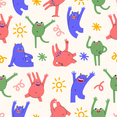 Seamless pattern with abstract monsters showing different emotions. Hand drawn trendy creatures in different poses. Cute background with mythical animals.