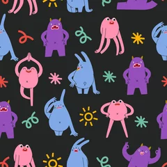 Fotobehang Seamless pattern with abstract monsters showing different emotions. Hand drawn trendy creatures in different poses. Cute background with mythical animals. © Olly Kava